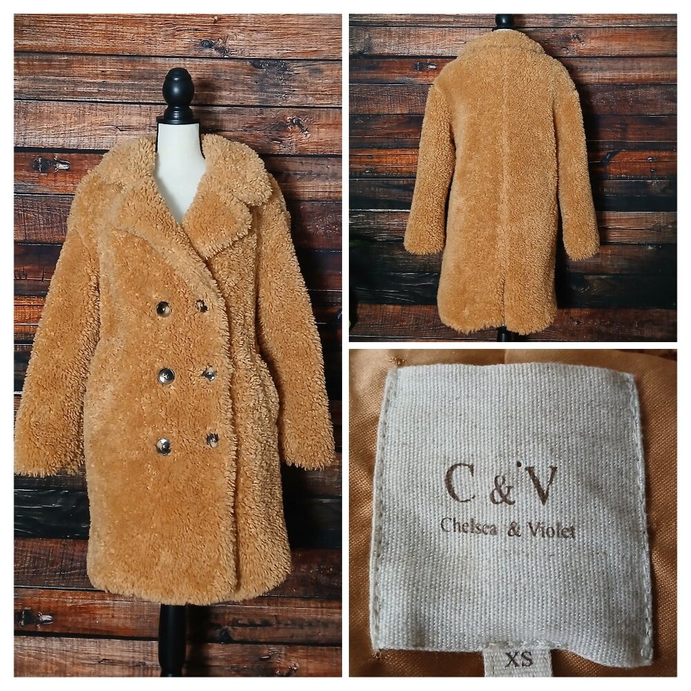 Chelsea & Violet Coat XS Faux Fur Double Breasted Overcoat Teddy Bear Chestnut